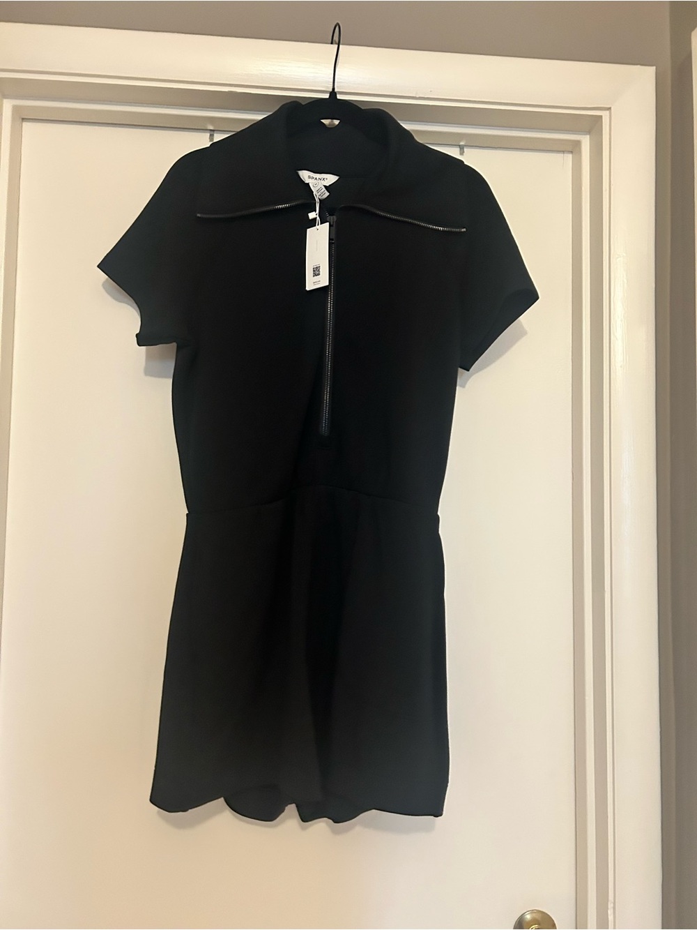 NWT SPANX Air Essentials Black Short-Sleeve Zip-Front Romper